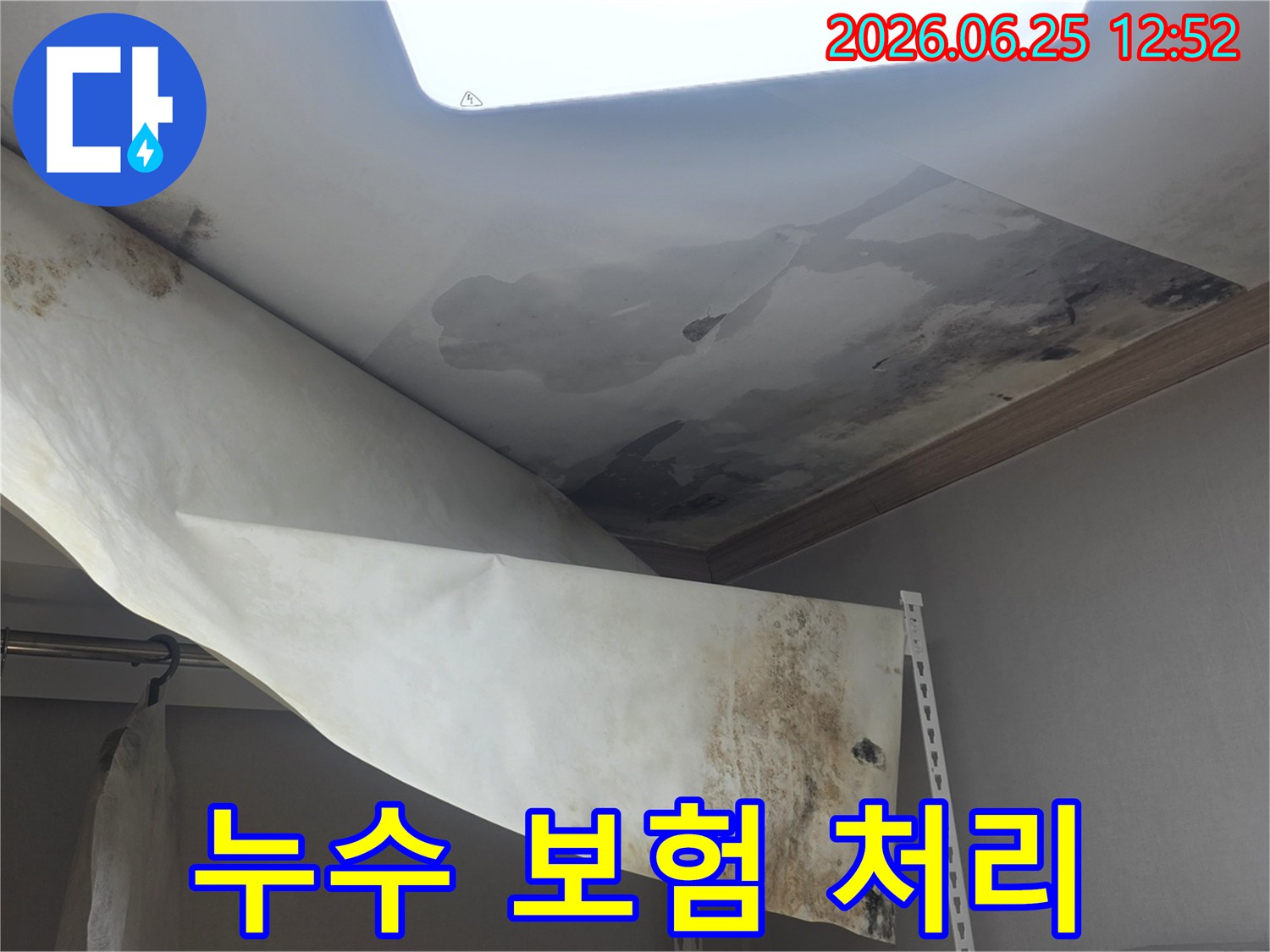 천장 누수로 인해-벽지가 손상되고-곰팡이가 발생한-피해 현장 사진입니다