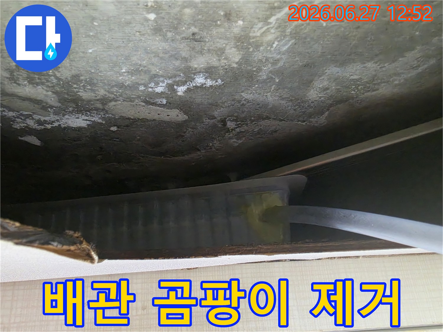 천장 배관 주변에 번식한 곰팡이를-제거하기 위한 준비 또는 작업 중인 모습