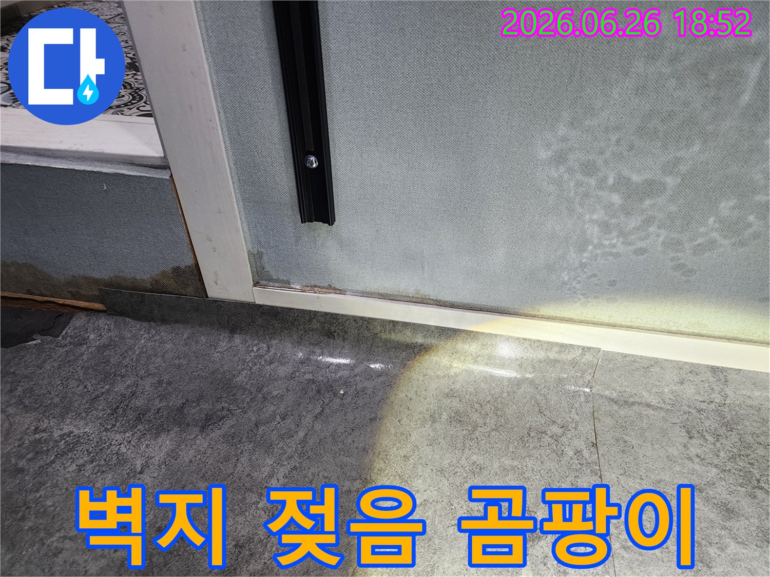 주택 벽지 아래에서-물이 스며들어-벽지가 젖고-곰팡이가 생긴-누수 상황을 담고 있습니다