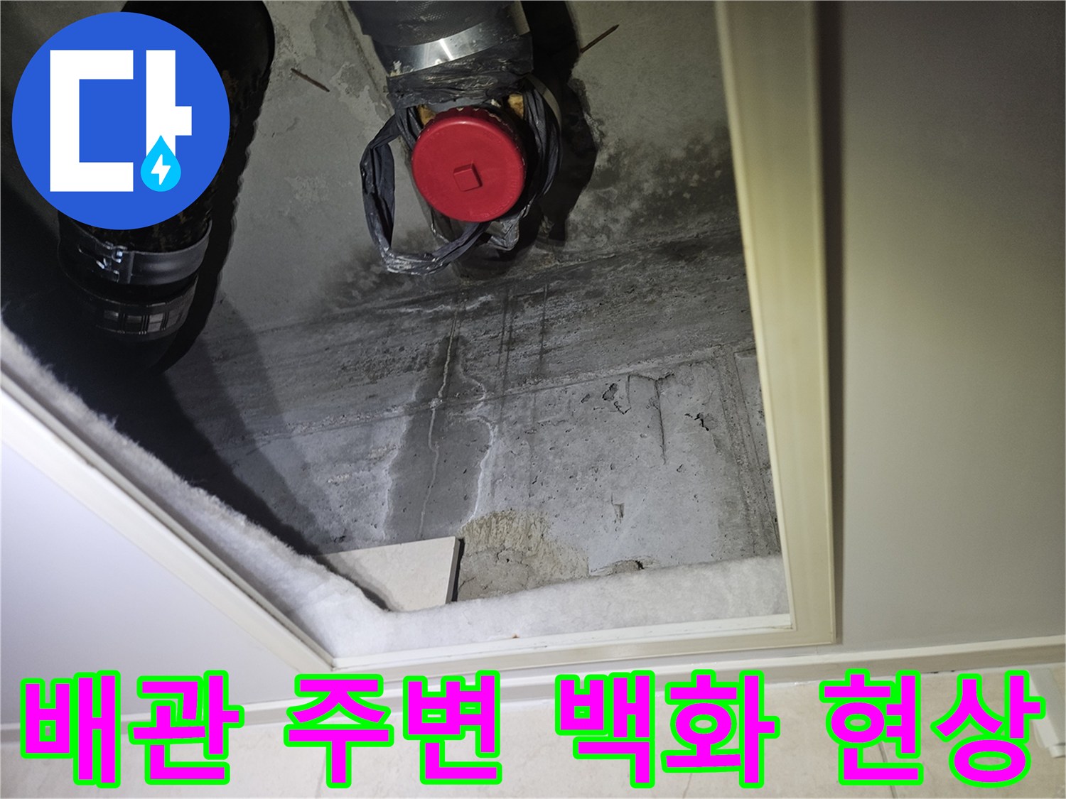 오수 배관 연결 부위 근처의 콘크리트 백화 및 습기 침투 흔적