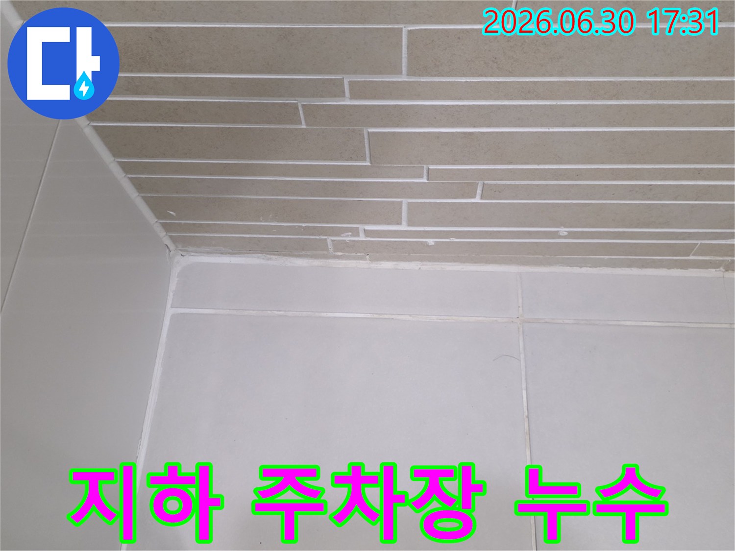 이 이미지는-용산구 원효로 상가 건물의-지하 주차장에서-누수가 발생하여-벽면이 손상된 현장을-보여줍니다