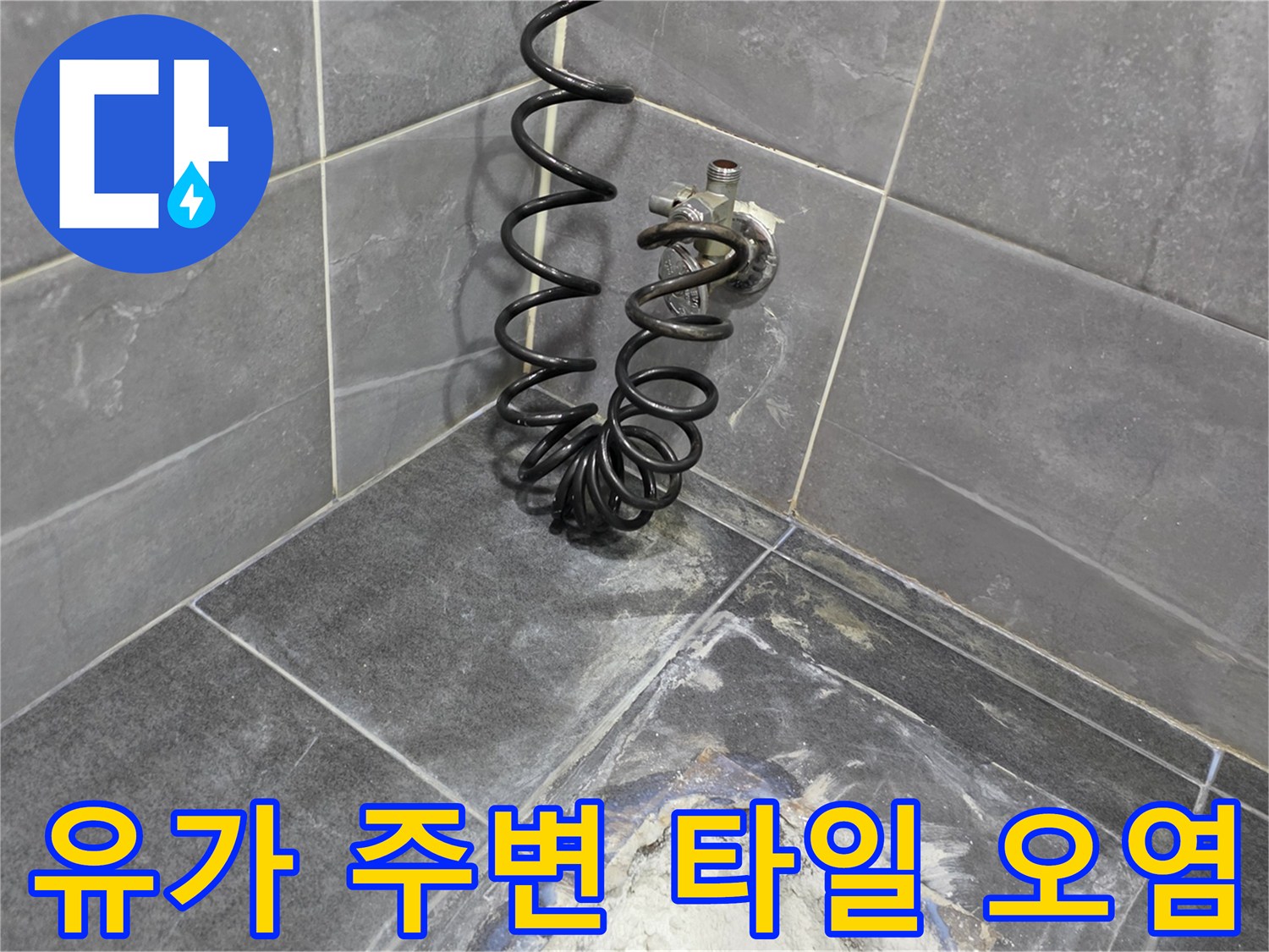 화장실 유가 배관 주변 타일 틈새의 습기 머금은 상태