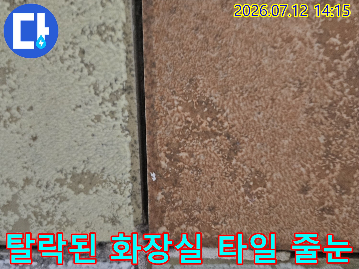 갈색 계열의 타일과 회색 타일이 인접한 지점의 줄눈 파손 상태