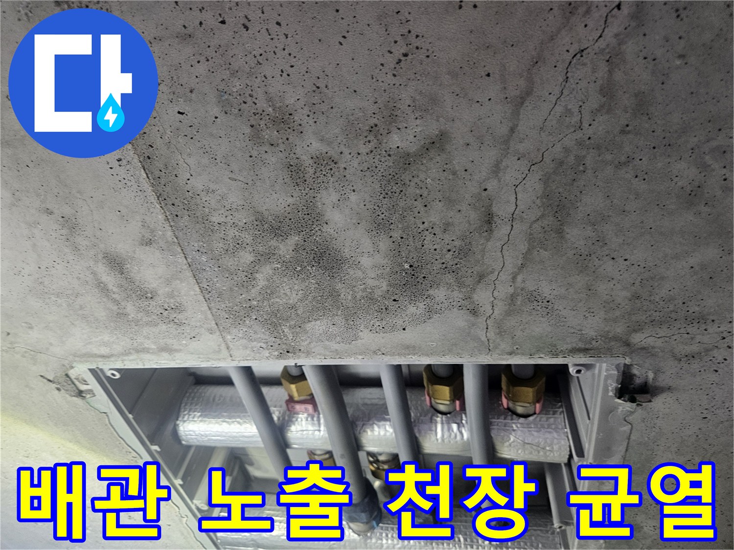 천장 콘크리트의 균열과 배관 부속 상태