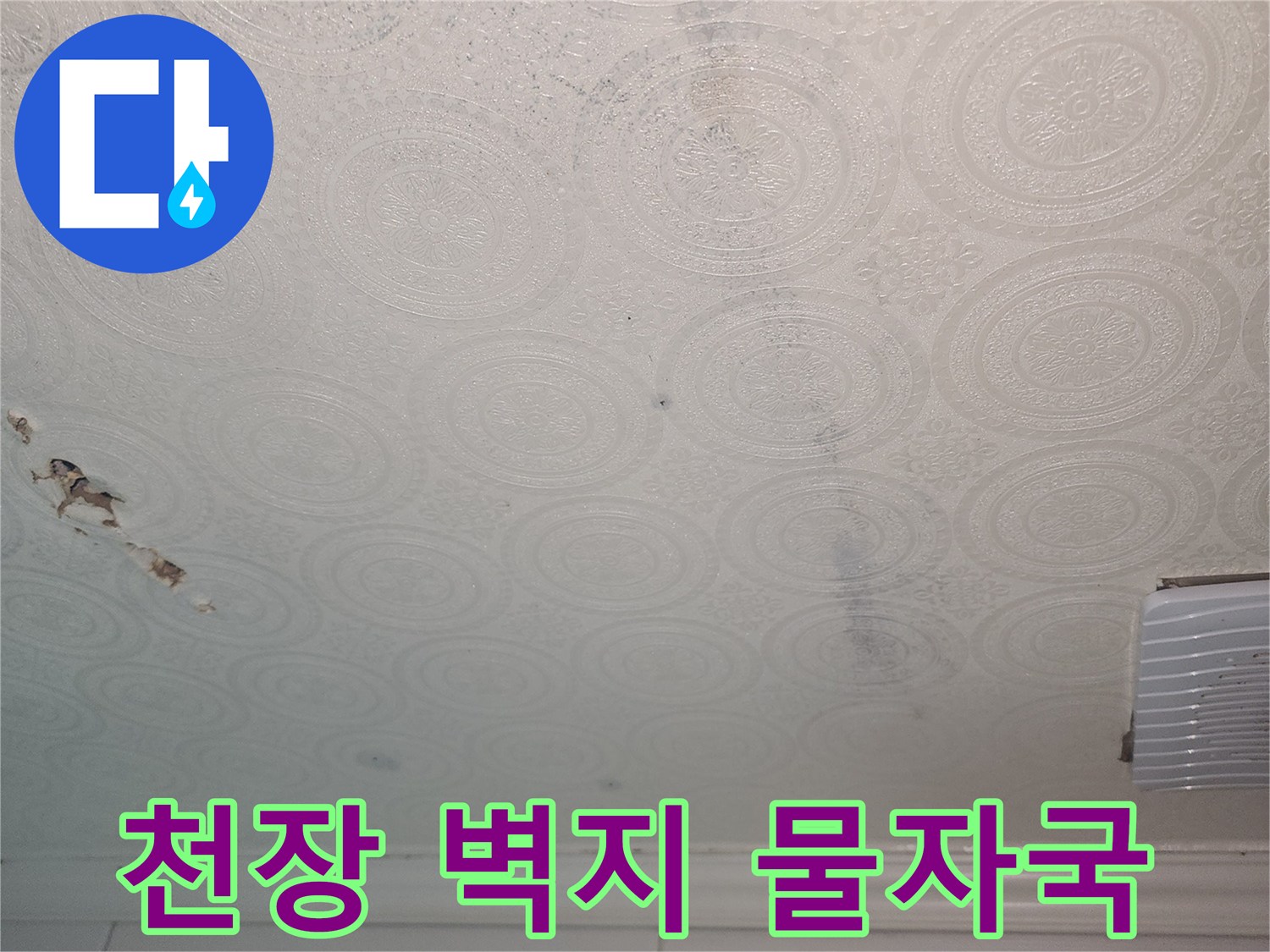 화장실 천장-벽지가 젖어 얼룩진 현장 사진
