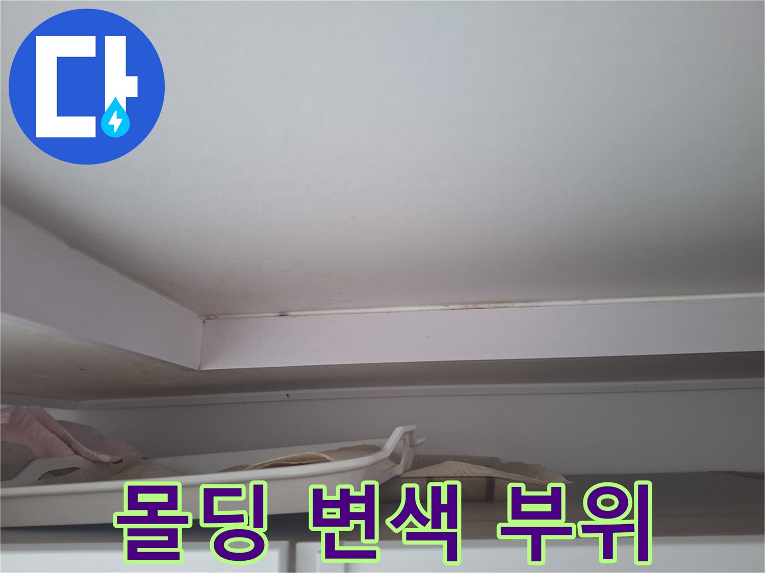 천장 몰딩 경계 - 물샘으로 인해 젖고 변색된 천장면