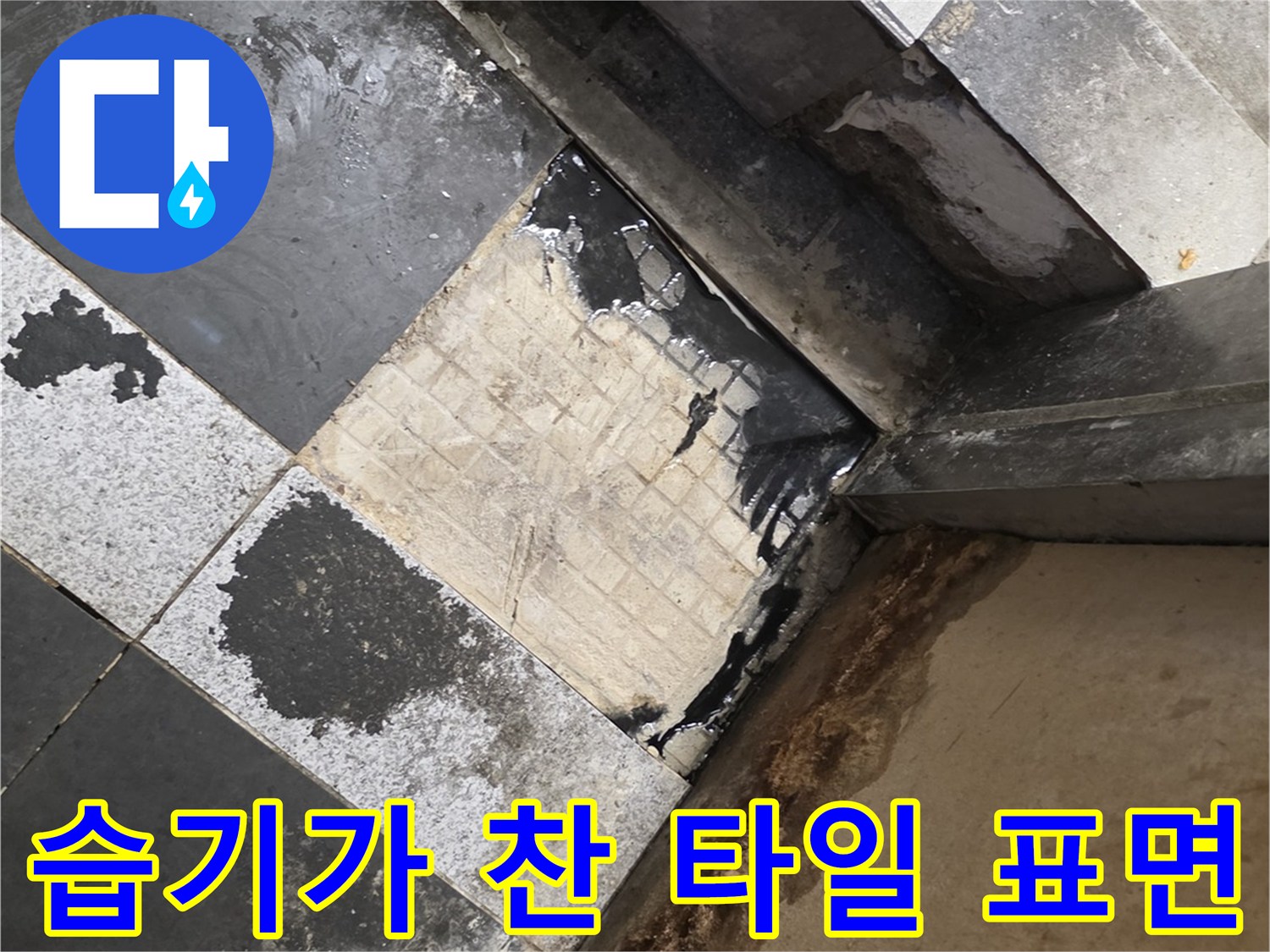 누수가 의심되는 주방 바닥-물기에 젖은 타일과 벽면 경계 부분입니다.