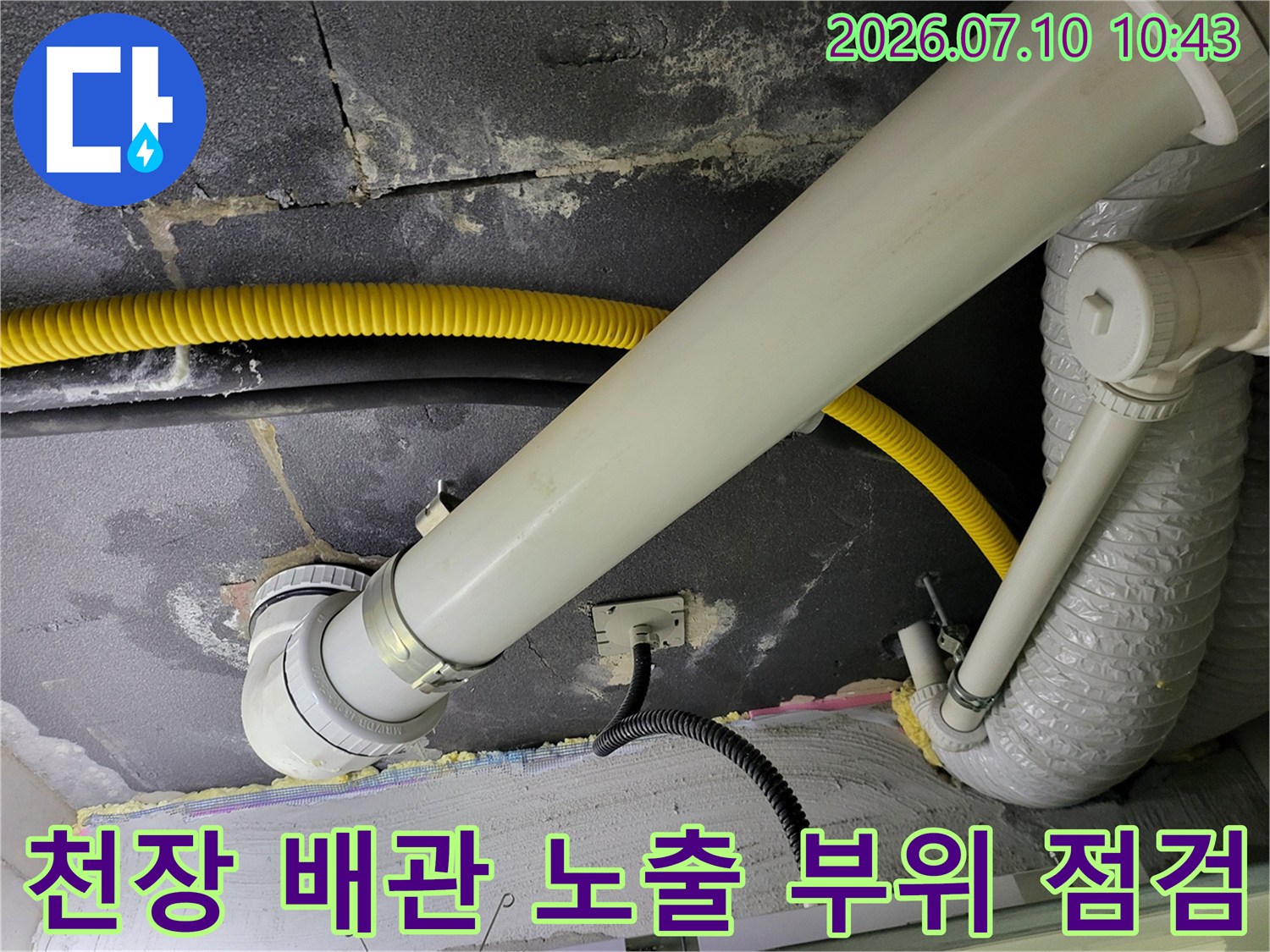 화장실 천장 내부의 세면대용 트랩과 연결 배관을 정밀하게 진찰하는 장면