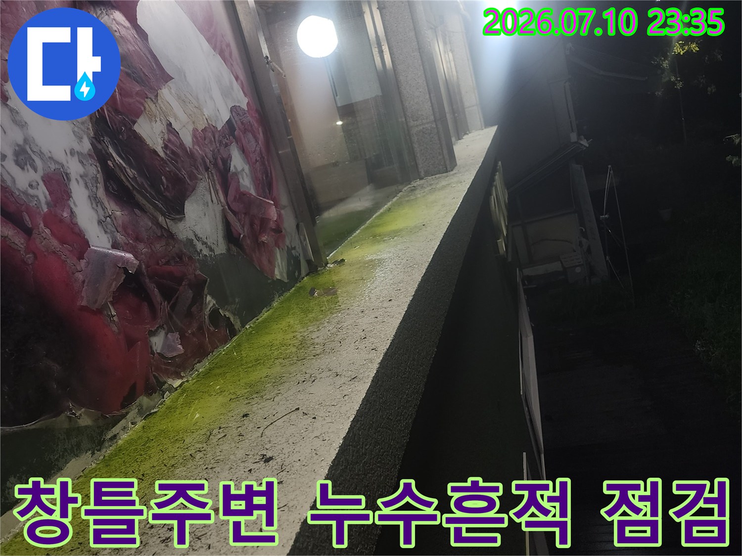 벽면과 창틀 주변에 발생한 누수 흔적 및 곰팡이 오염 상태 점검