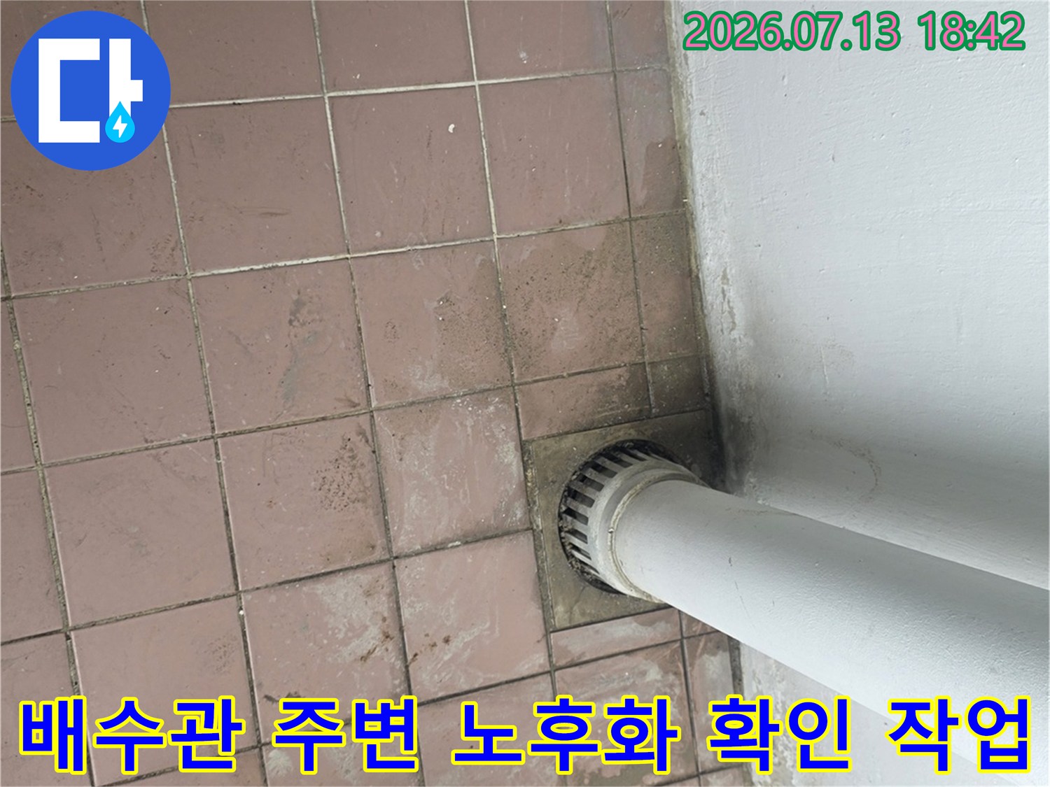 세탁실 배출구 근처의 물 고임과 타일 변색 구간을 촬영한 사진입니다.