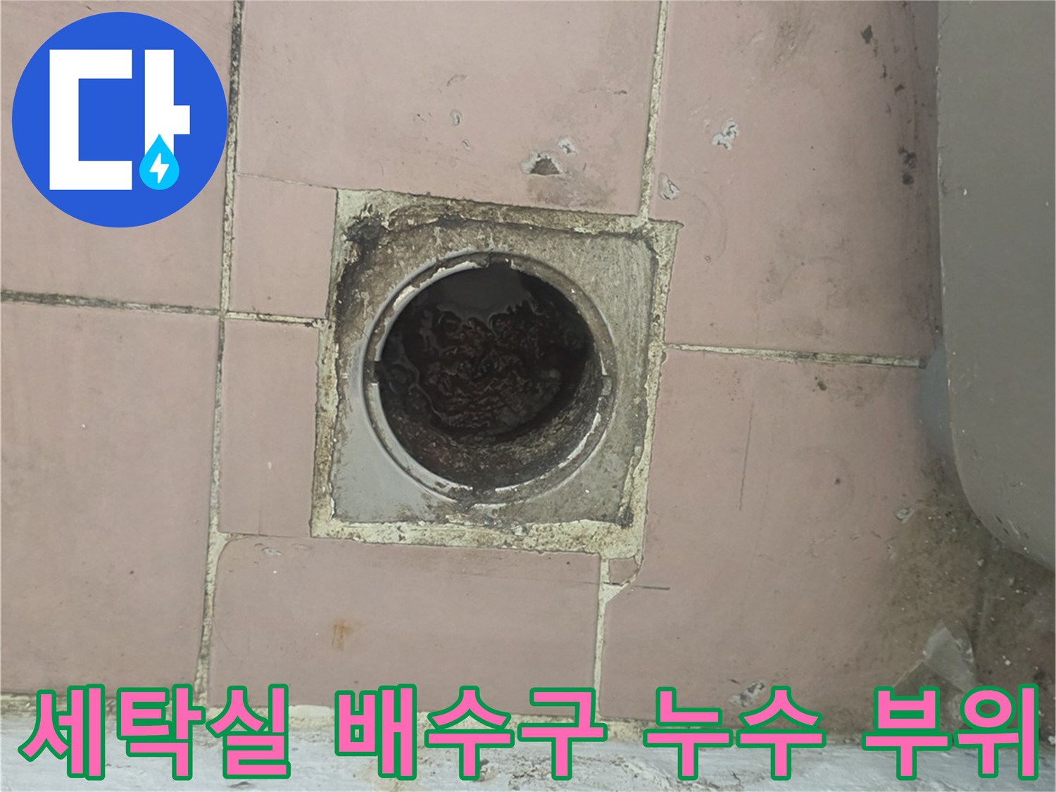 이천 사동리 세탁실-배수구 주변 타일 습기 및 물샘 흔적