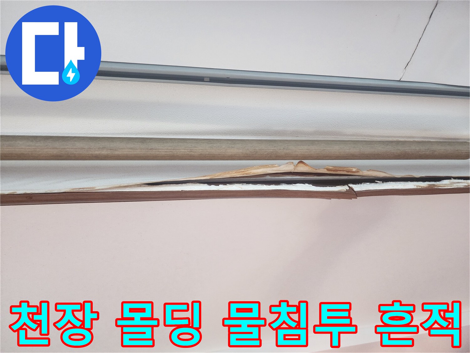 아파트 천장 경계-물샘으로 인해 젖어있는 몰딩 부위