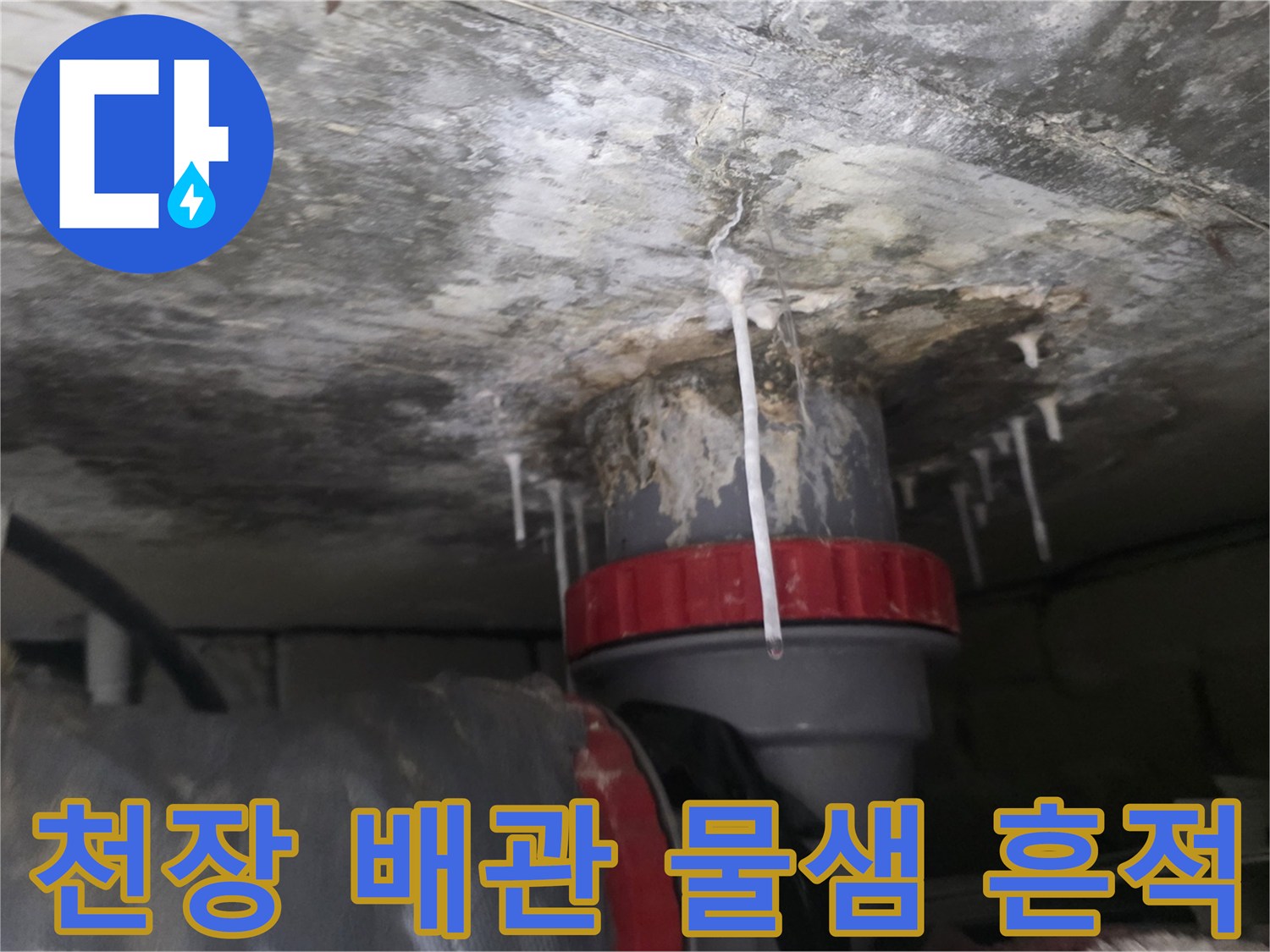 천장-배관-연결부-주변의-심한-누수-흔적과-오염