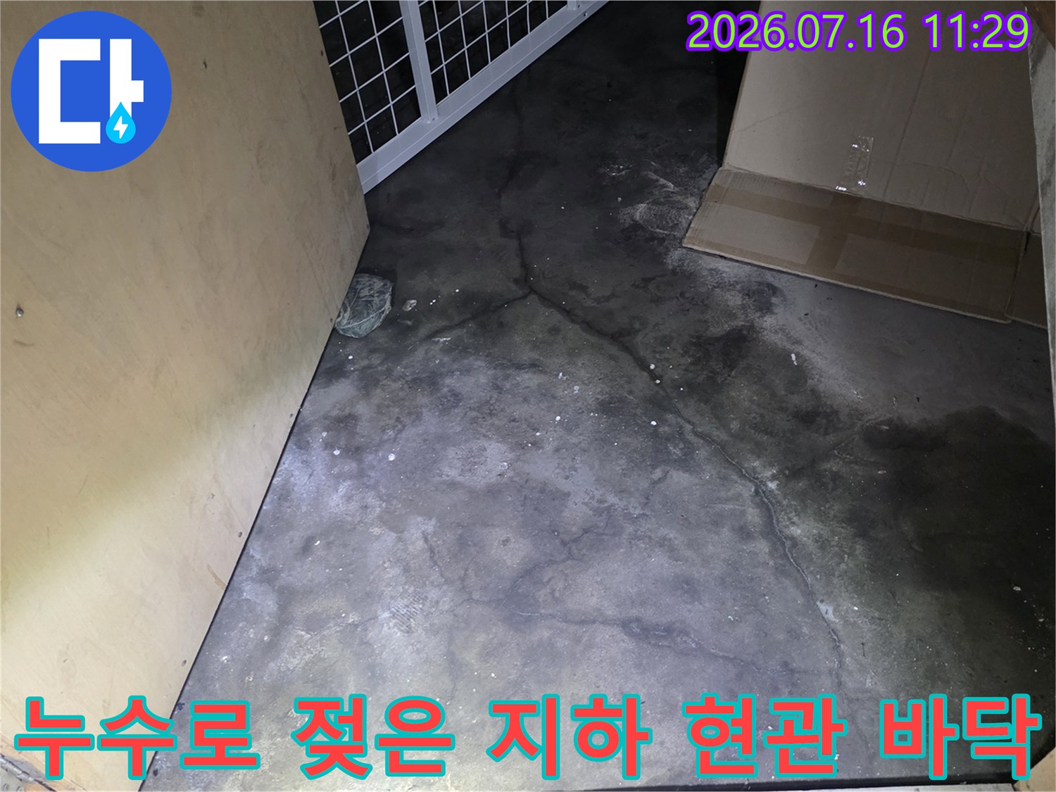 지하 출입구 바닥에 습기가 번진 누수 점검용 사진