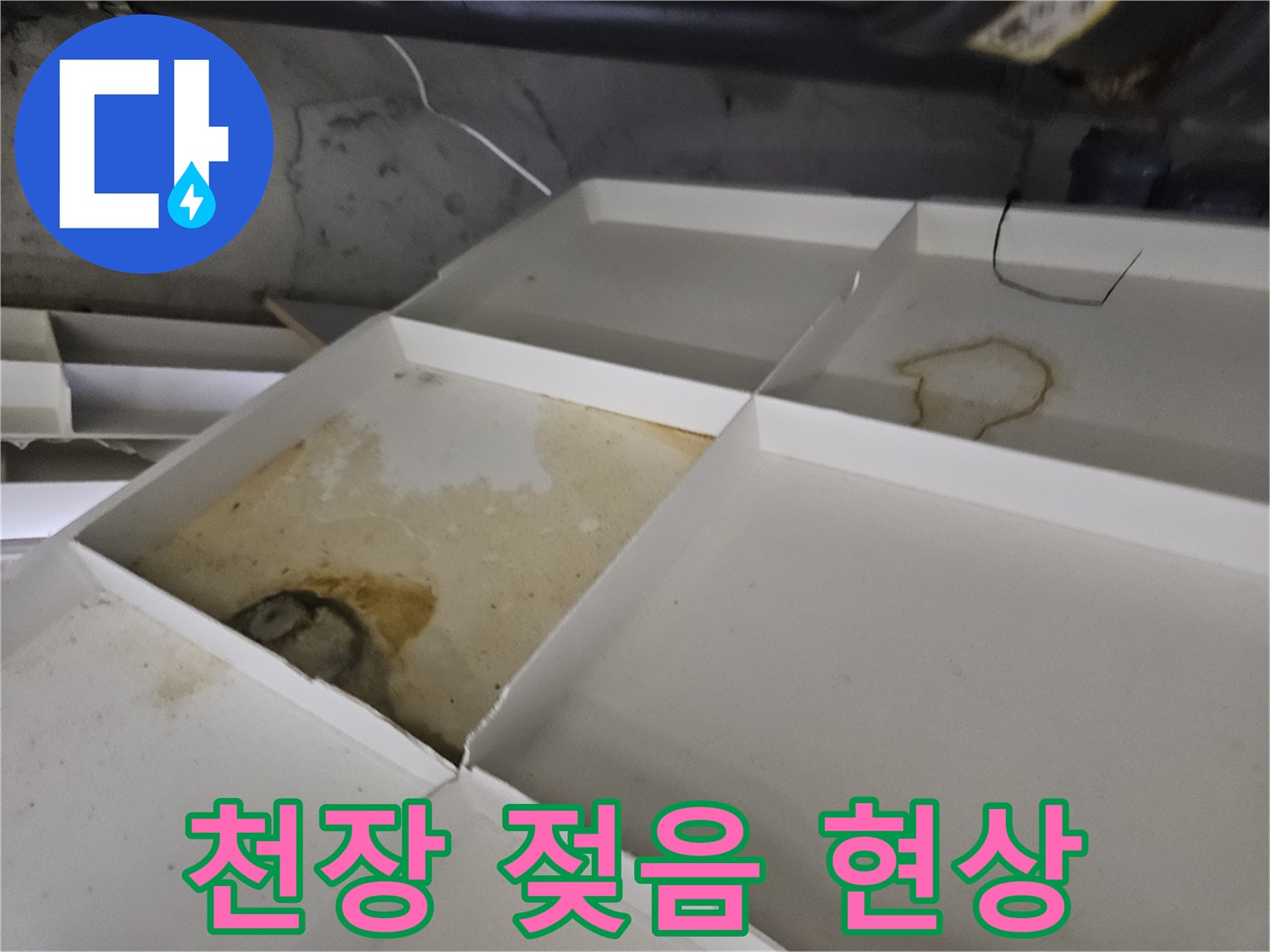 천장 마감재에 나타난 누수 변색 부위