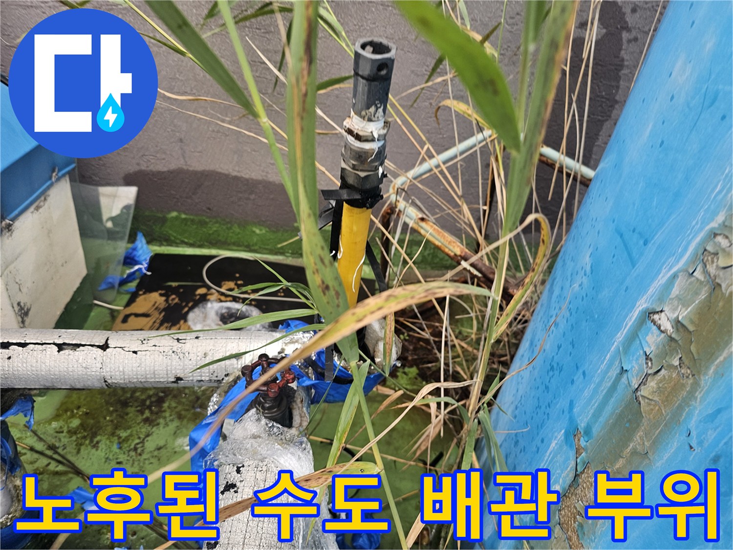 배관-연결부의-물샘-흔적과-임시-테이핑-상태