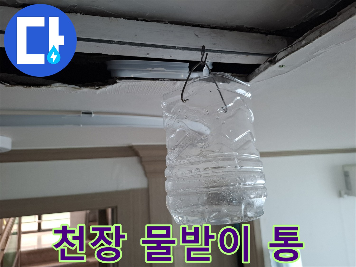 천장에서 떨어지는 물을 받기 위해 설치된 투명한 플라스틱 용기
