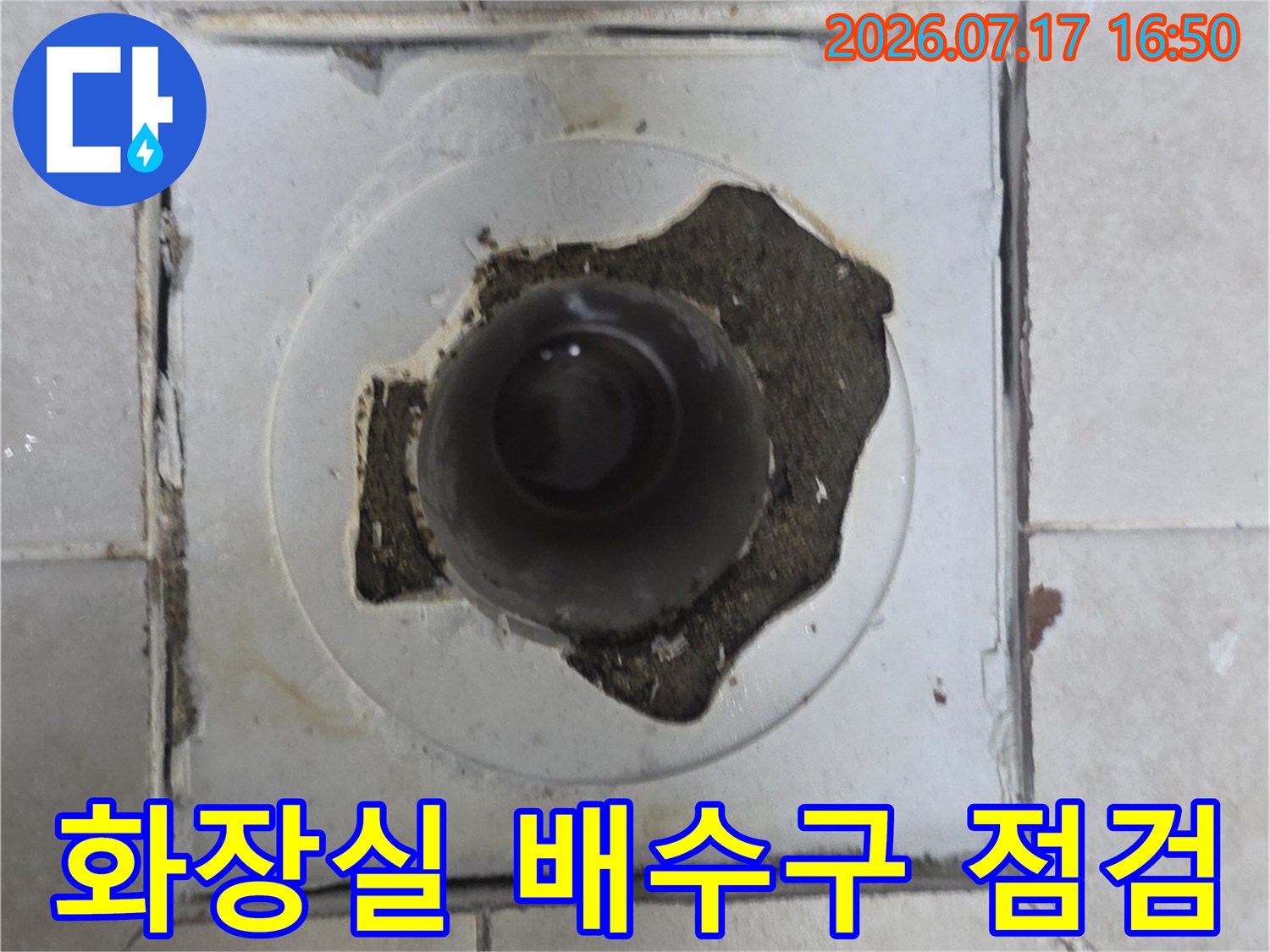 노출된 화장실 배수구 주변의 파손된 마감재와 노후된 배관 상태
