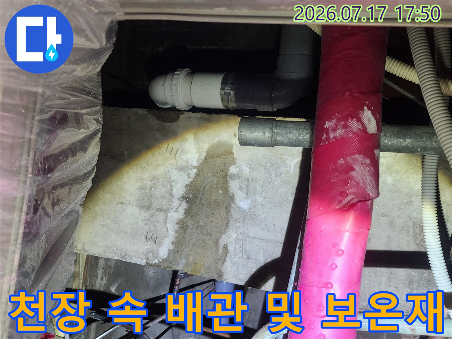 분홍색으로 마감된 배관과-그 아래 회색 하수관 연결 부위의 상세 모습