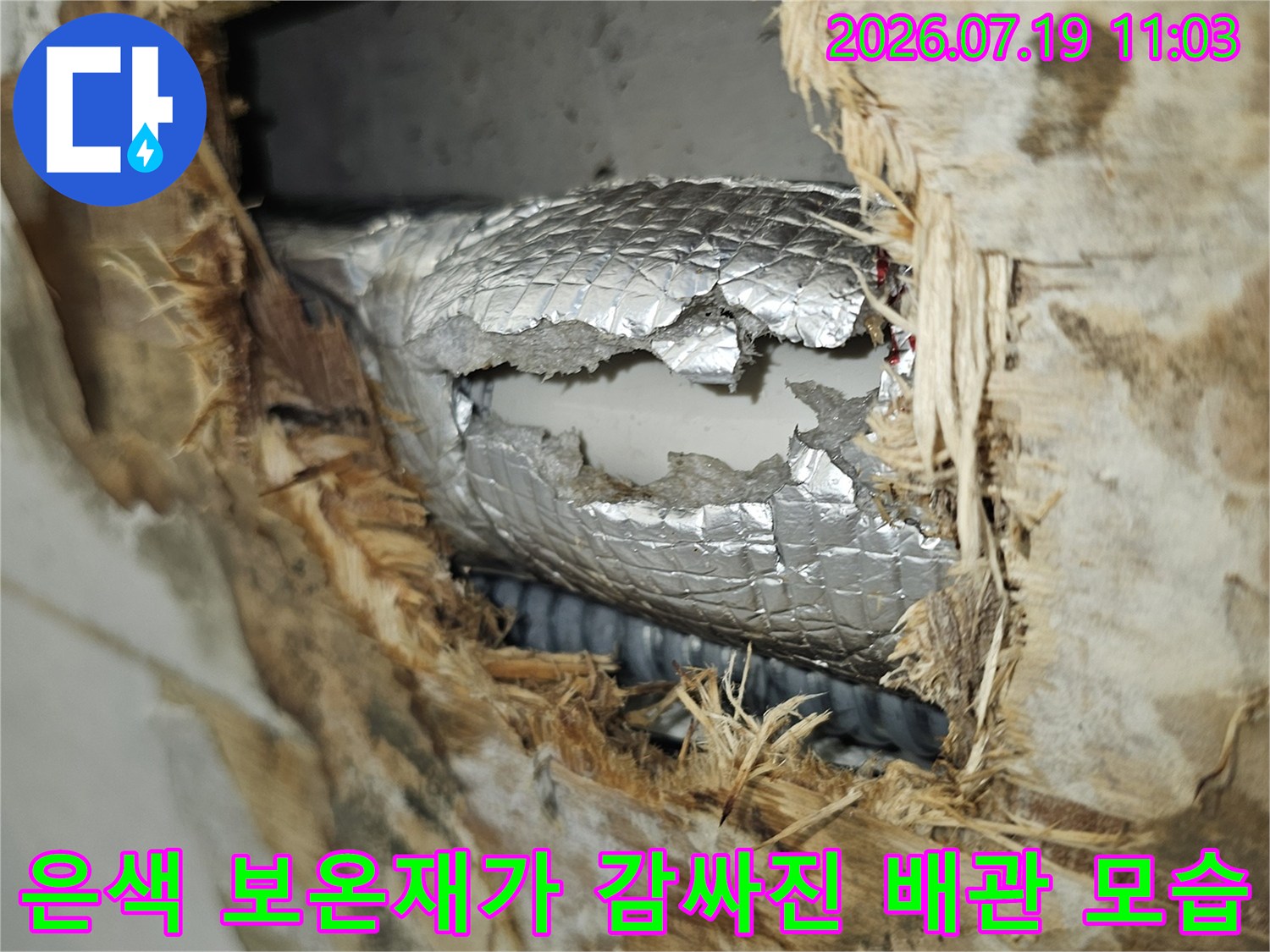 동작구 상도동-천장 내부의 오염된 단열재와 은색 배관 보온재 노출 사진