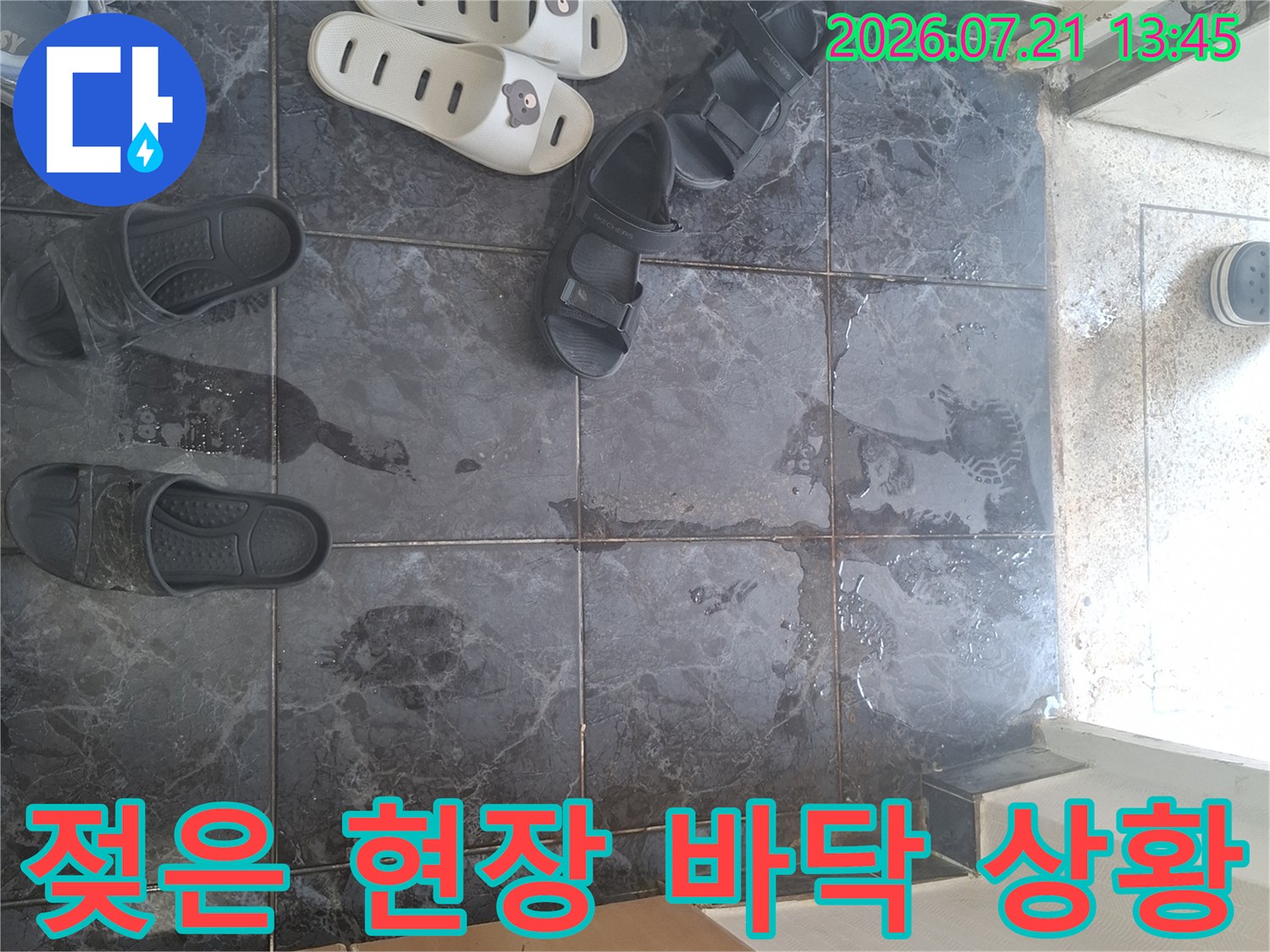 현관 타일 위 물 고임과 신발이 배치된 누수 점검 사진