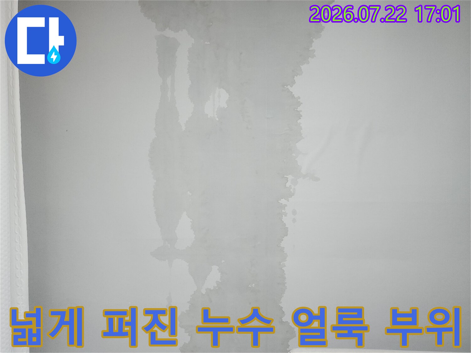 거실 벽면과 천장에 겹쳐서 발생한 대규모 누수 오염 구역