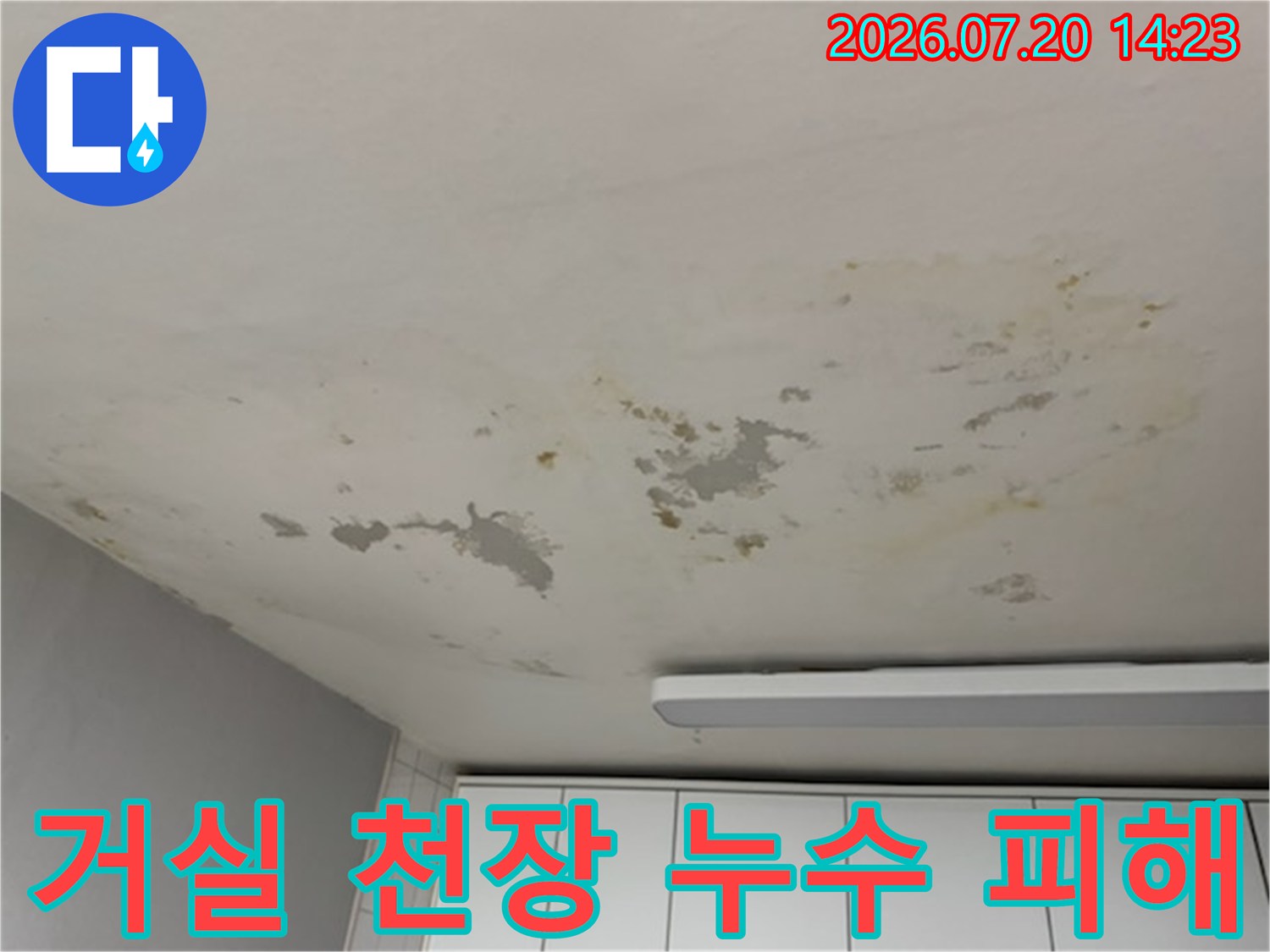 도배지가 젖어서 변색되고 파손된 거실 천장의 모습