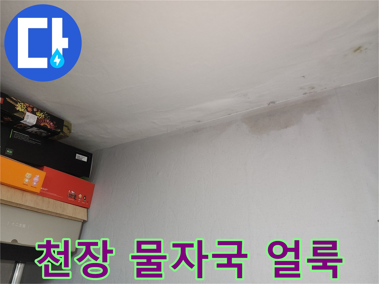 아파트 천장에 발생한 누수 흔적과 젖은 얼룩 상태