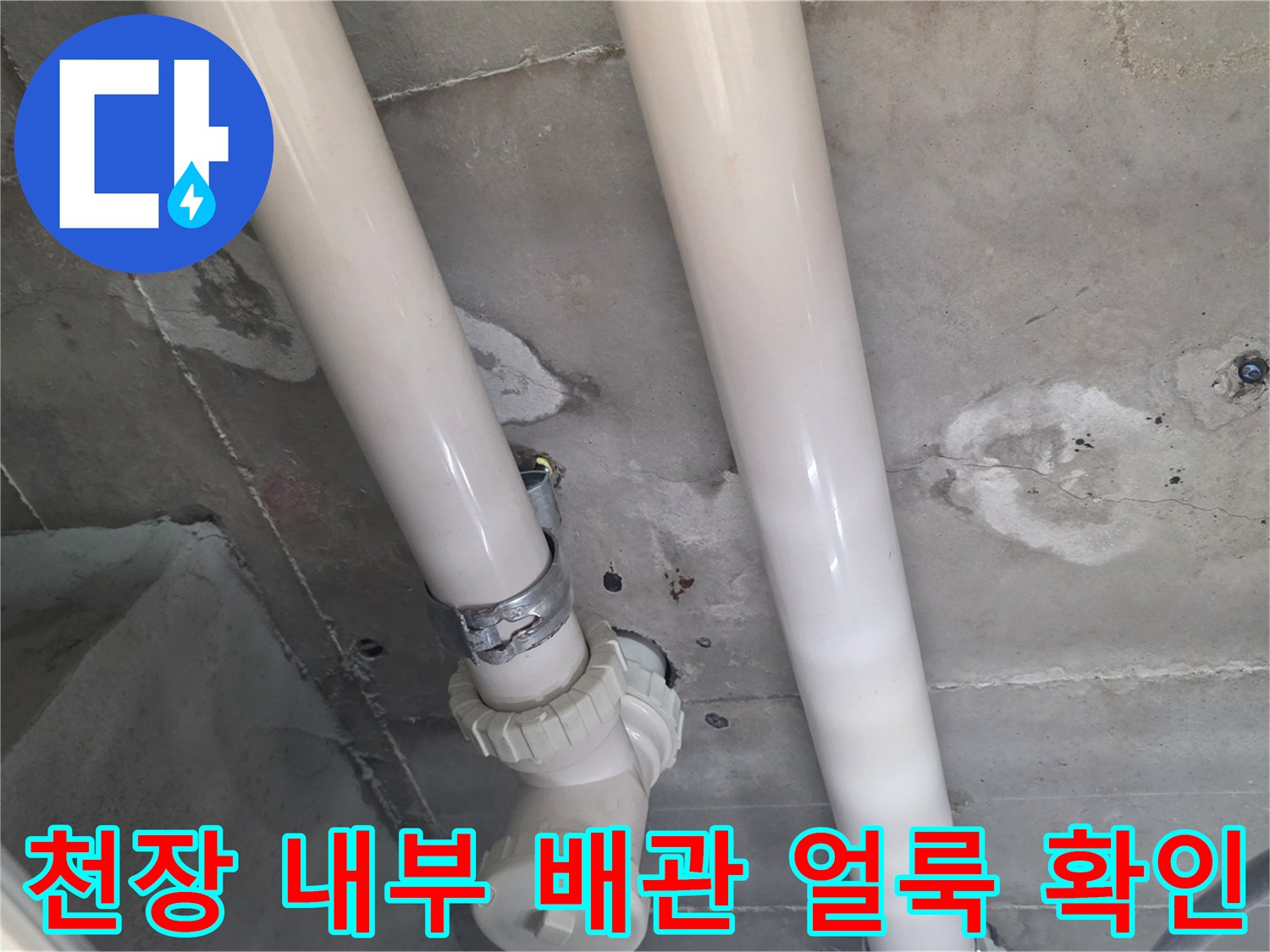 화장실 천장 안쪽의 젖은 콘크리트와 PVC 배관 모습