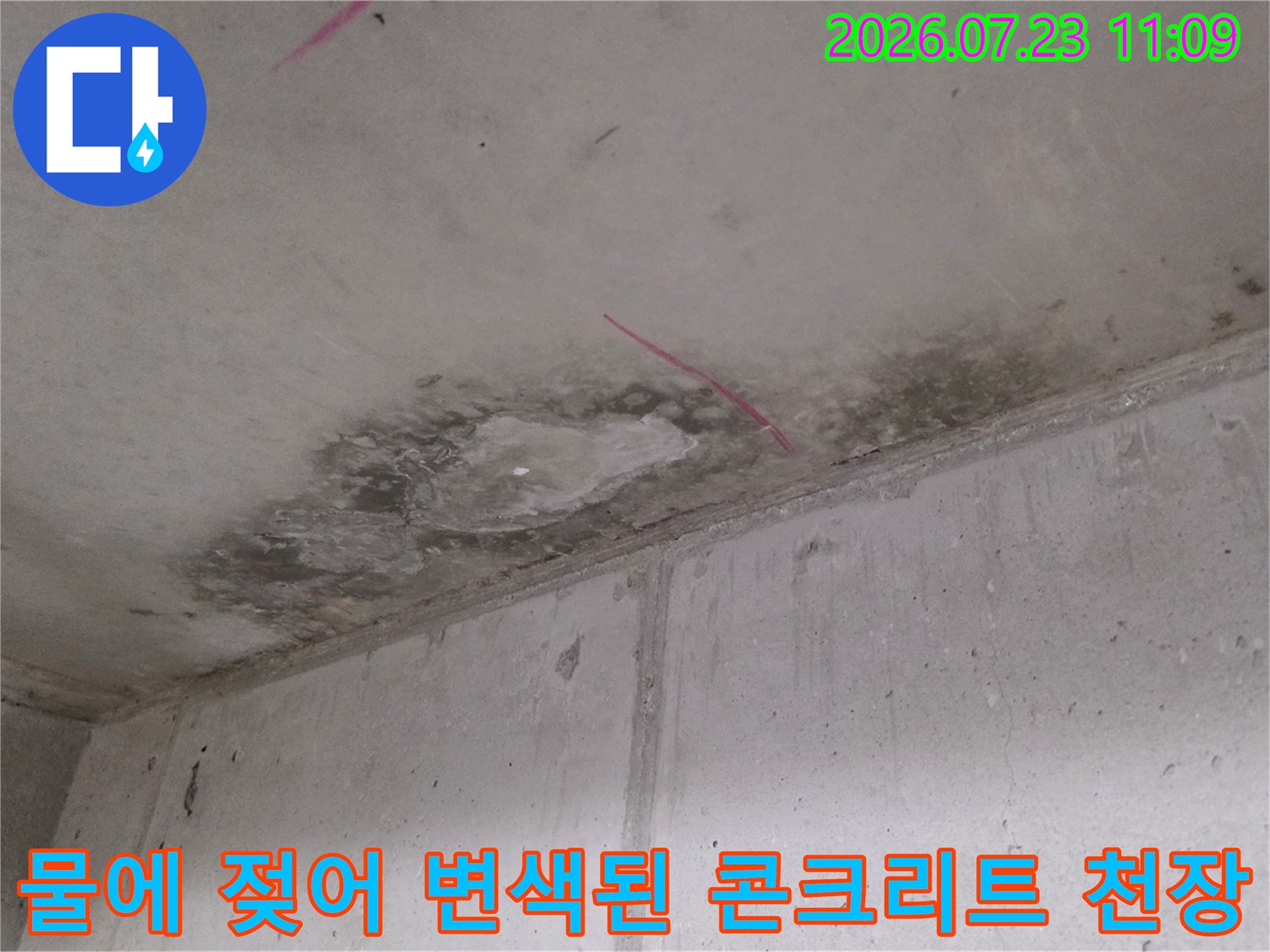 천장 모서리와 중앙 부위에 형성된 짙은 누수 자국-콘크리트 슬라브의 오염 상태