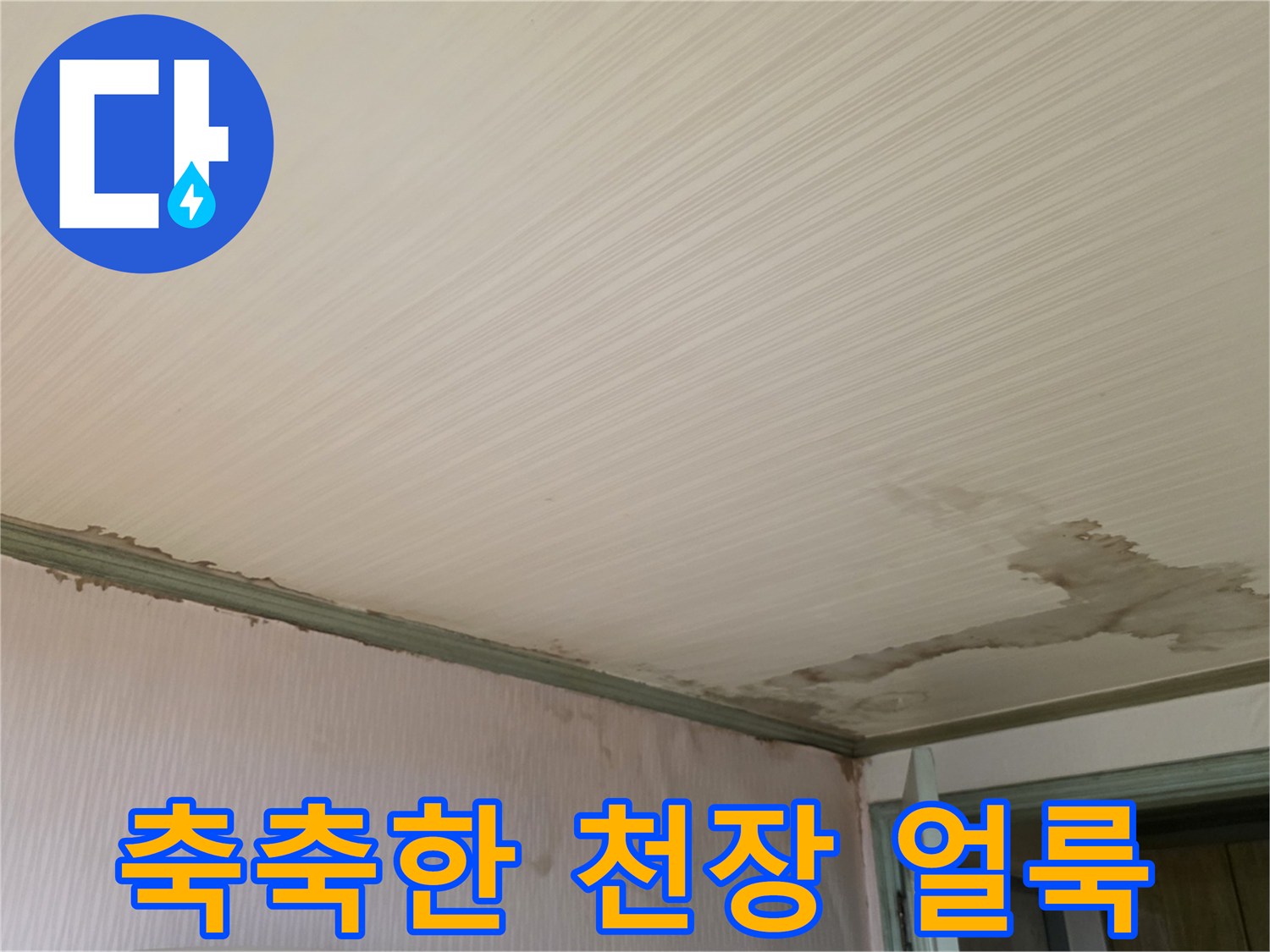 천장재 표면의 물자국-벽면 경계부까지 번진 수분 흔적
