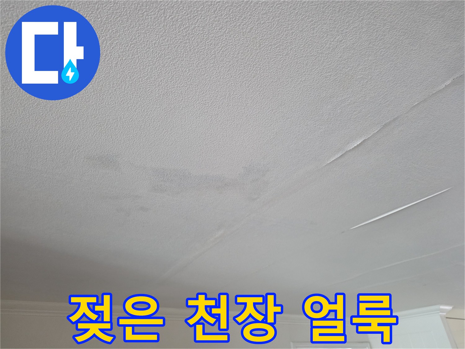 천장 벽지에 나타난 어두운색의 누수 침투 자국