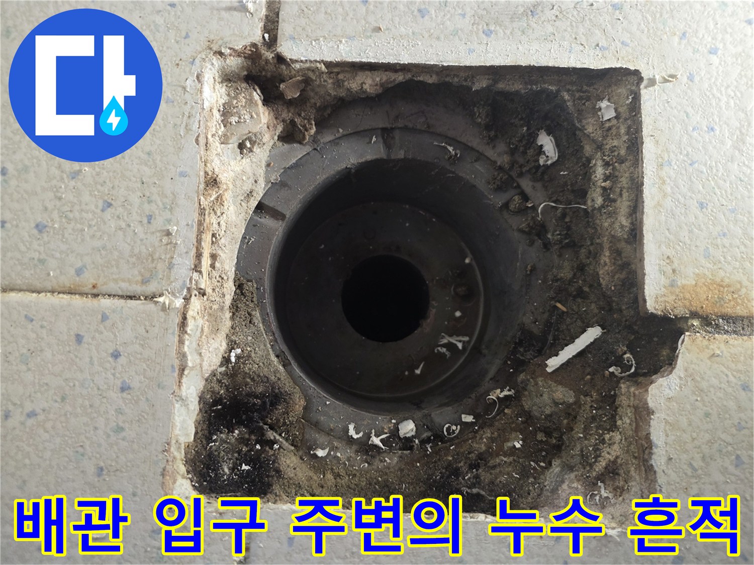 배수관 입구와 타일 경계면의 오염된 상태를 나타내는 이미지