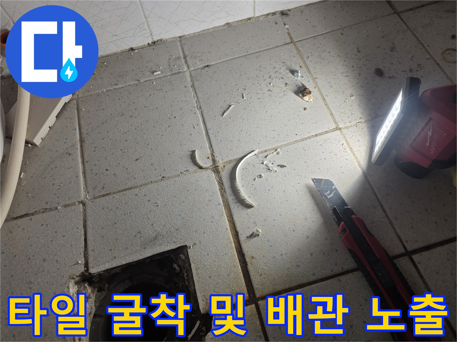 타일 틈새를 통해 드러난 하수 배관과 주변 굴착 부위입니다.