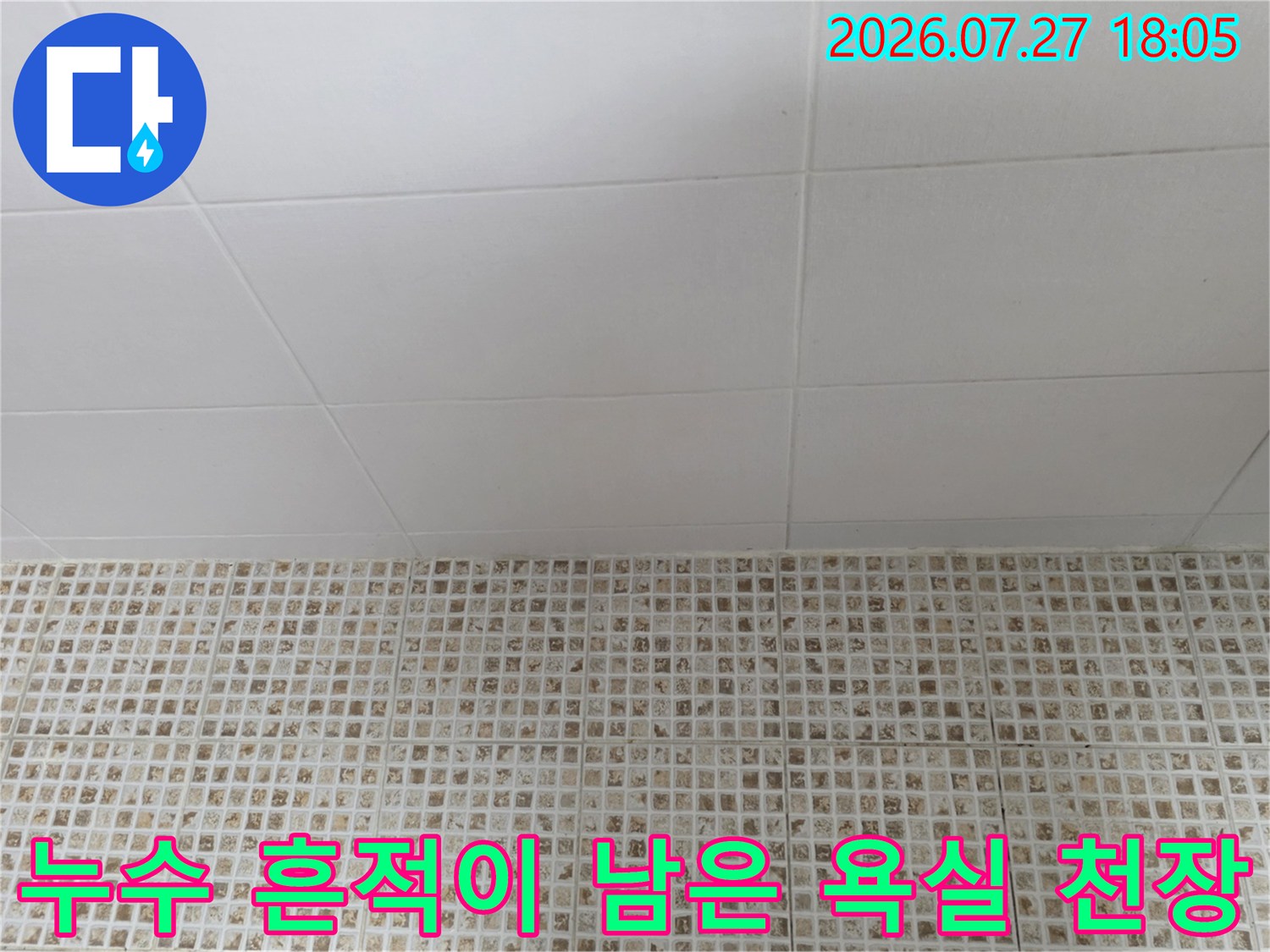 하얀색 화장실 천장 마감재 중앙 부분에 누수로 인한 어두운 물자국이 있는-모습