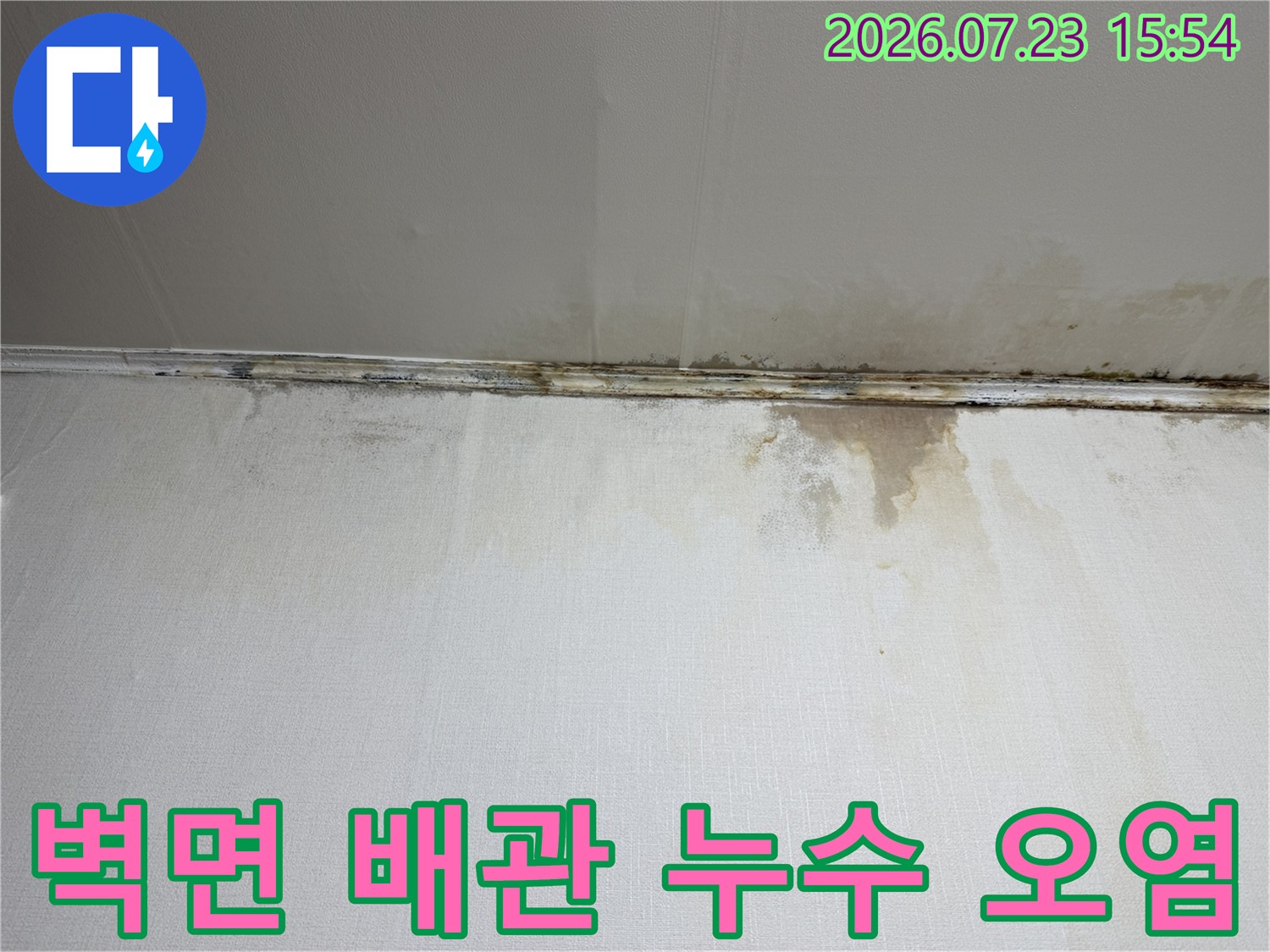 누수로 인한 천장 경계부의 곰팡이 및 물자국 발생 상태