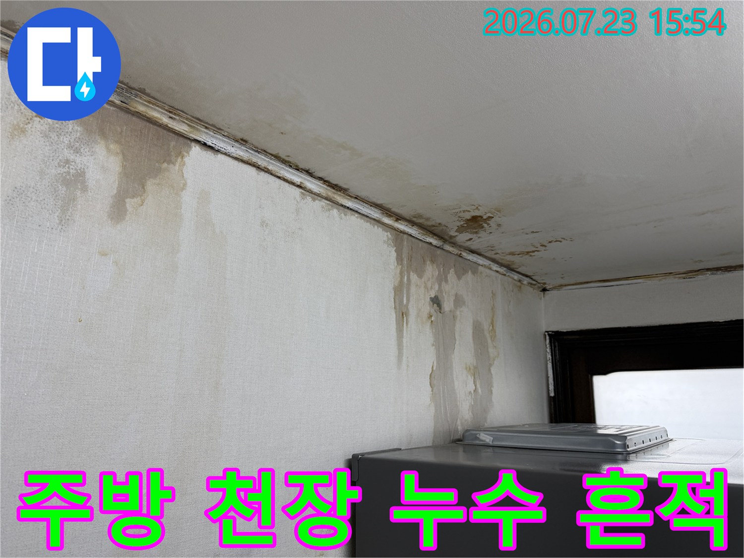천장 모서리 부근에 발생한 누수 얼룩과 곰팡이 흔적