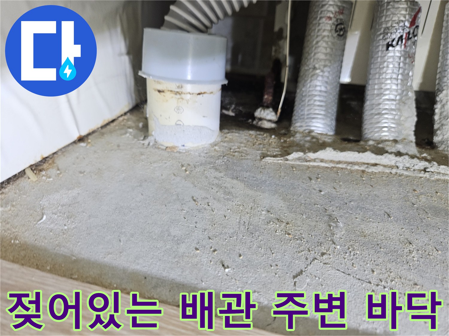 배수 배관 연결 부위 근처의 습한 바닥면 상세 사진