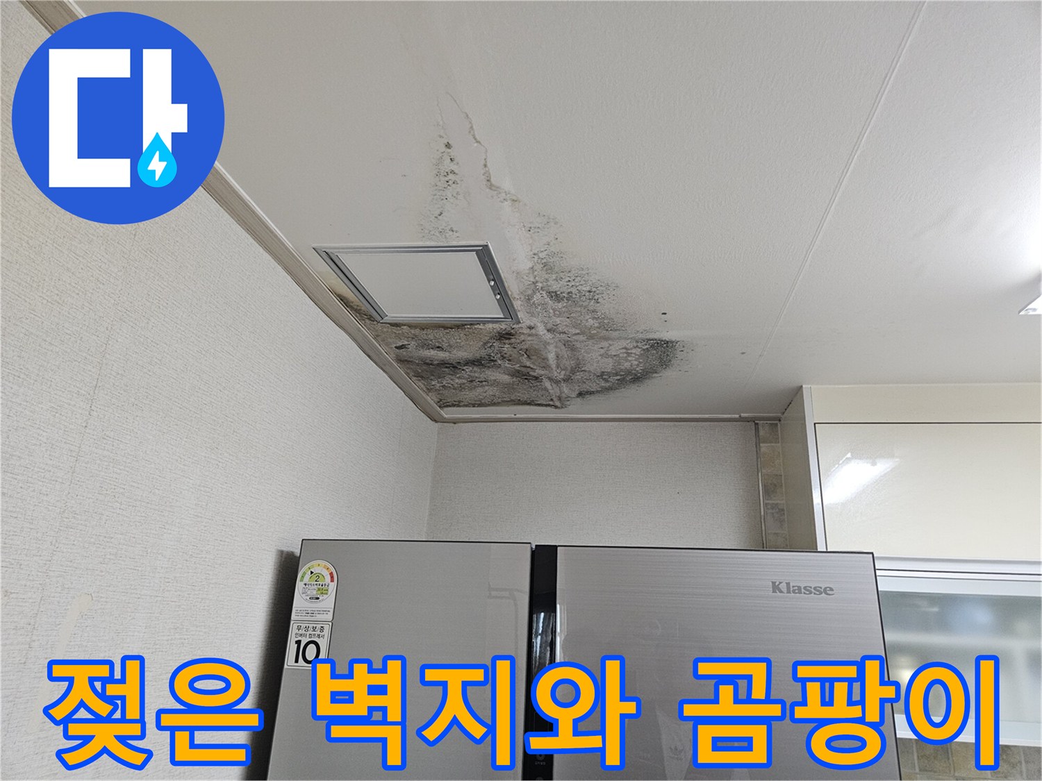 습기로 인해 변색되고 곰팡이가 발생한 주방 천장 벽면