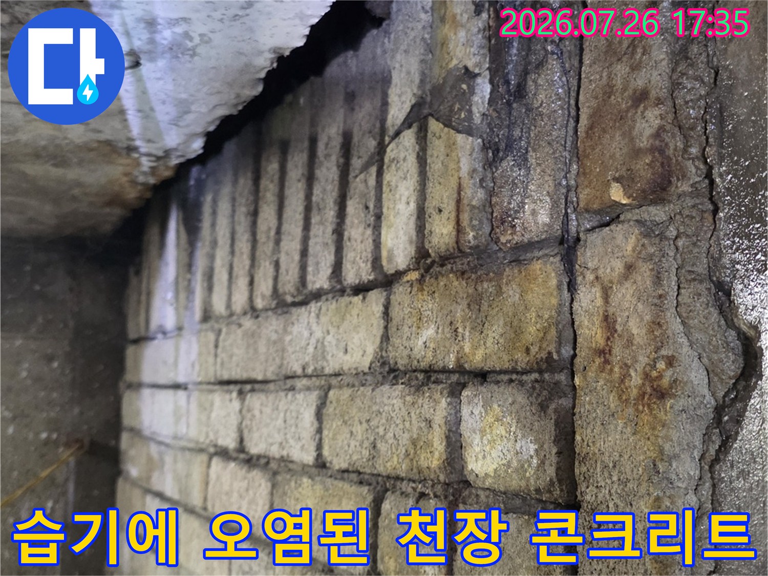 물에 젖어 색이 변한 천장 콘크리트 표면과 고여 있는 누수액-상가 내부
