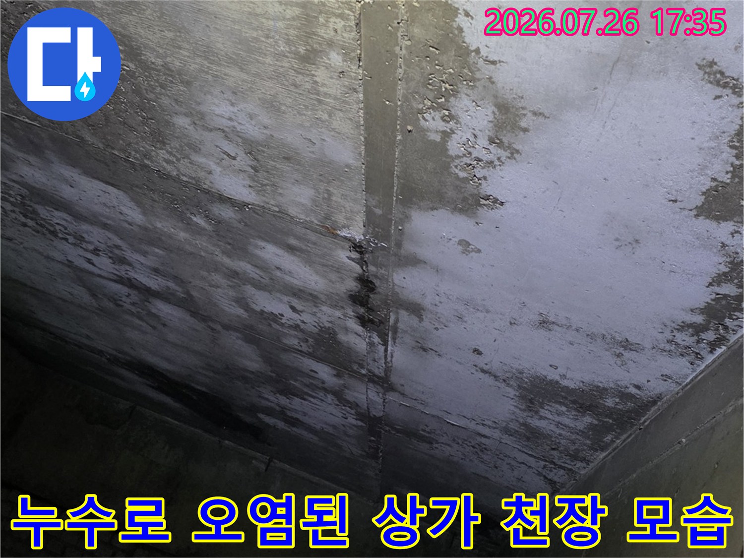 콘크리트 천장에 물이 스며들어 하얗게 백화현상과 얼룩이 생긴 사진