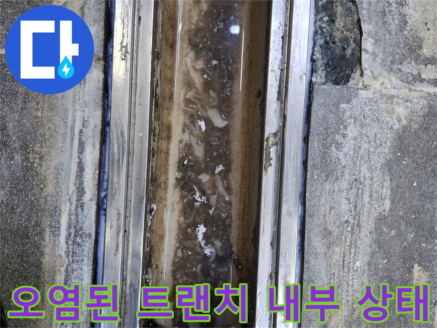 식당-주방-배수구-트랜치-내부의-이물질과-오염된-상태를-보여주는-사진