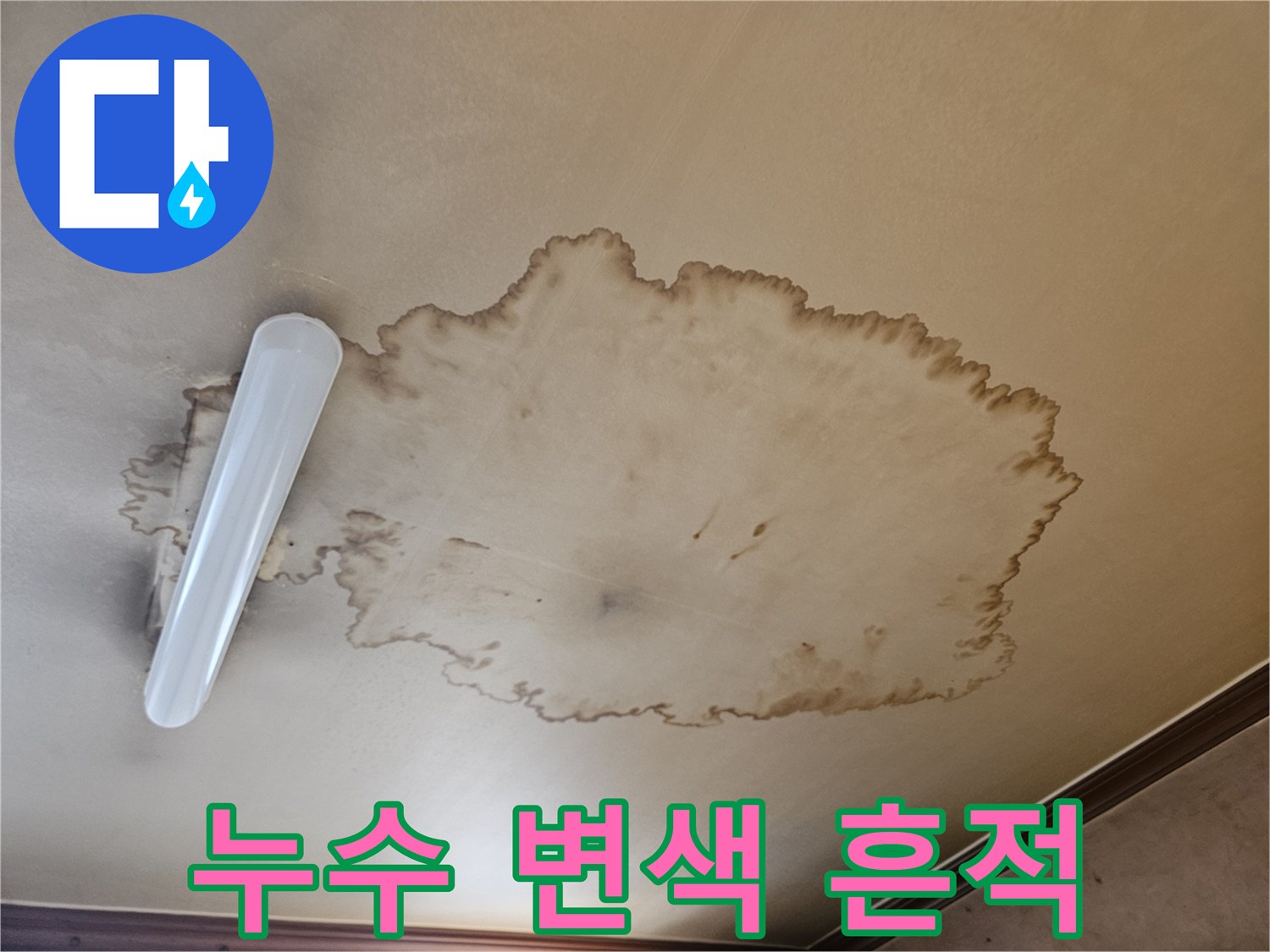 거실 천장 마감재에 발생한 넓은 범위의 누수 얼룩