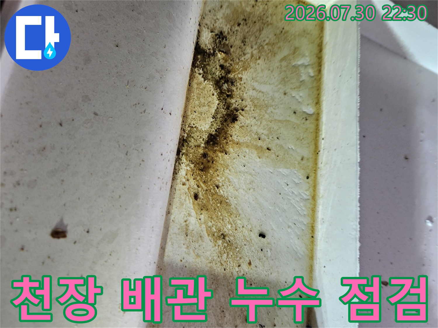 천장 안쪽 배수 시스템과 주변 콘크리트 면의 오염 상태 확인