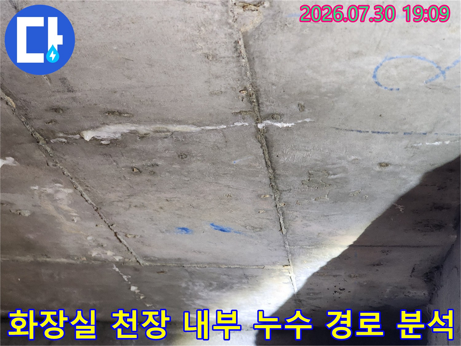 천장 콘크리트면을 대상으로 한 정밀 누수 진단 과정 중 촬영된 사진