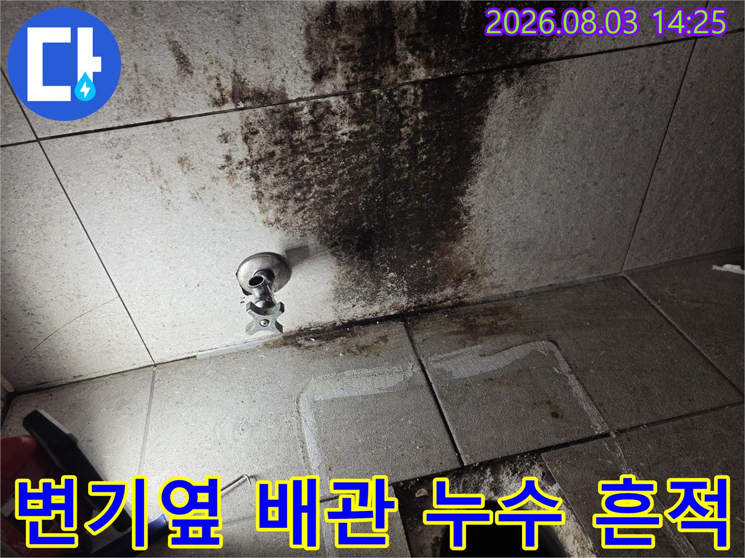 변기 주변 벽면에 발생한 오수 배관 누수 흔적과 곰팡이 오염 상태