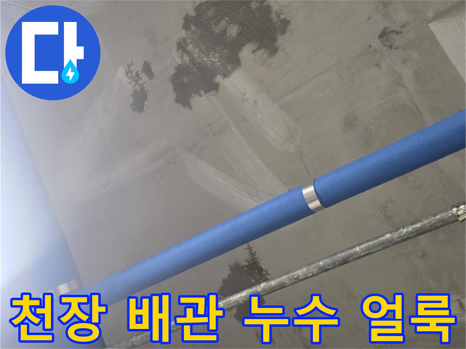 어두운색으로 변한-지하 천장 콘크리트의 누수 흔적 부위