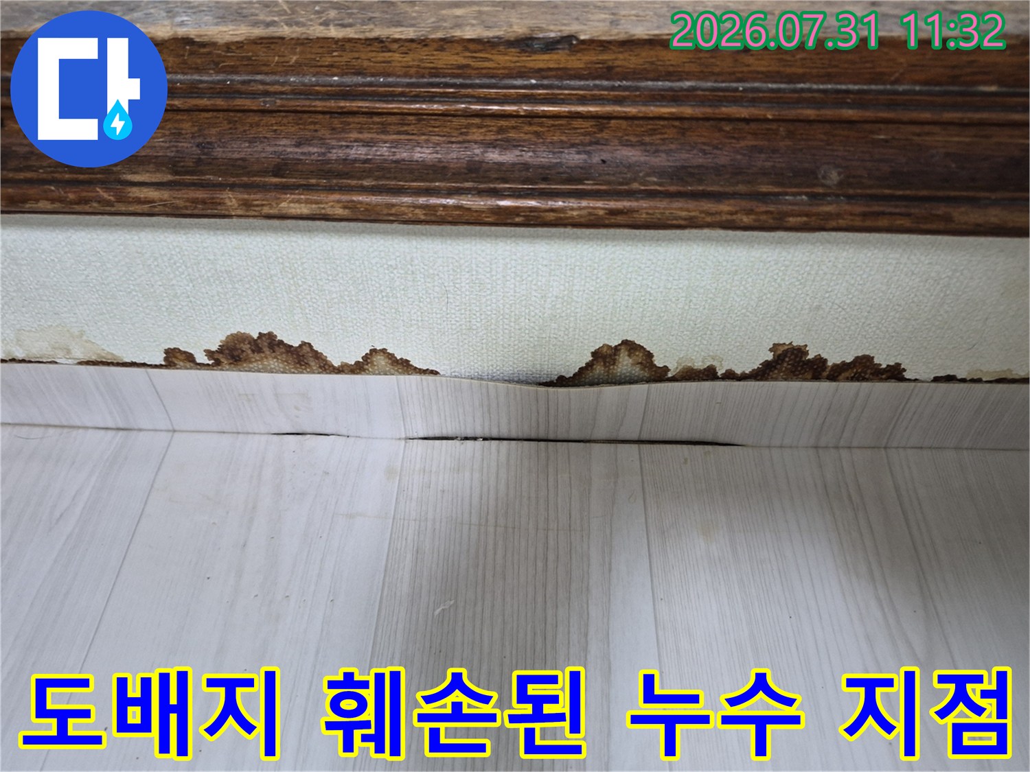 물에 젖어 울퉁불퉁하게 변형된 도배지의 근접 촬영 사진
