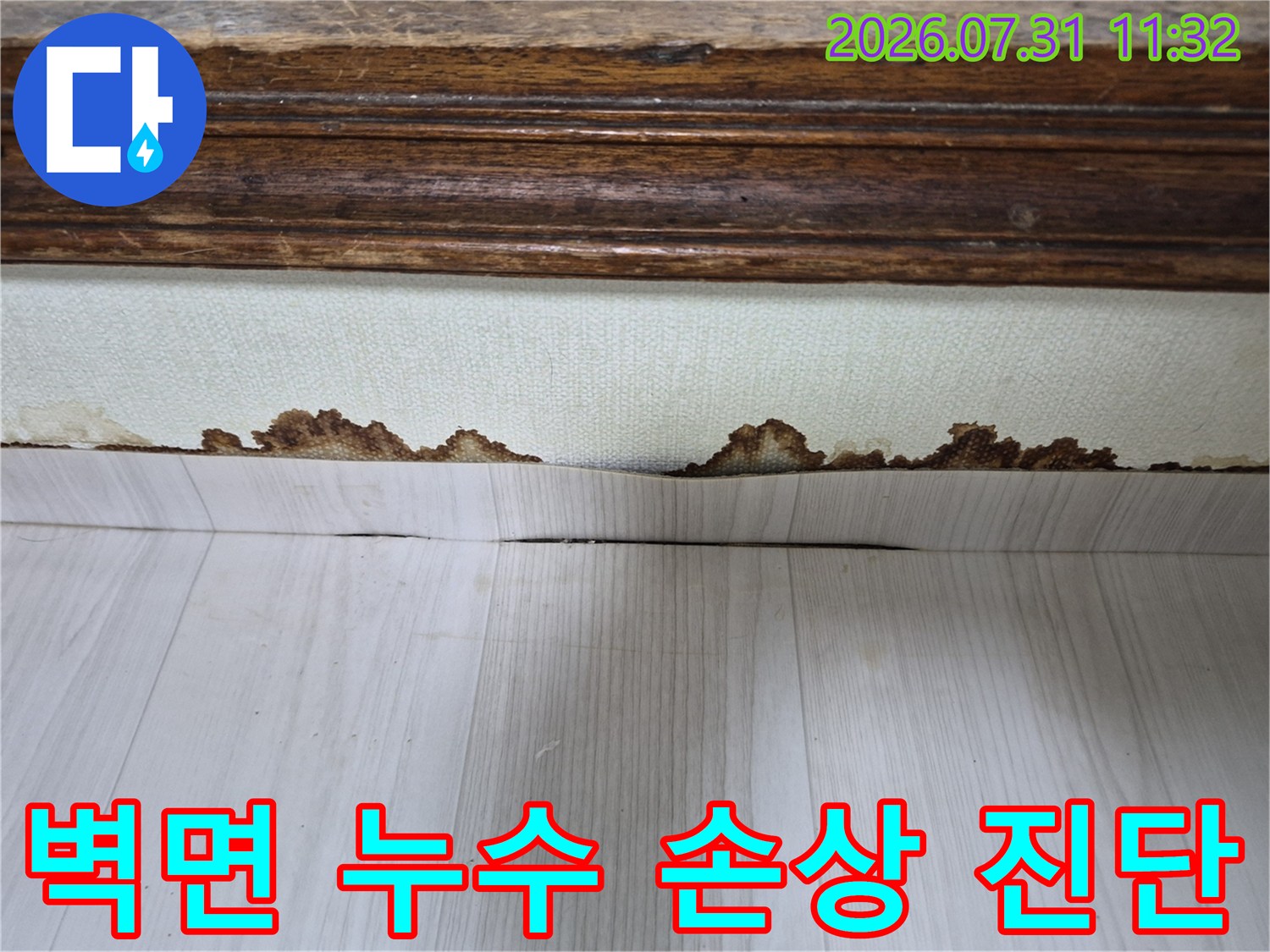습기 및 오염으로 변색된 도배지 하부 구간 촬영