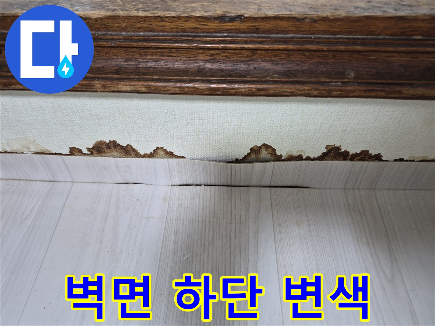습기로 인해 갈색으로 변한 벽지 경계 부위